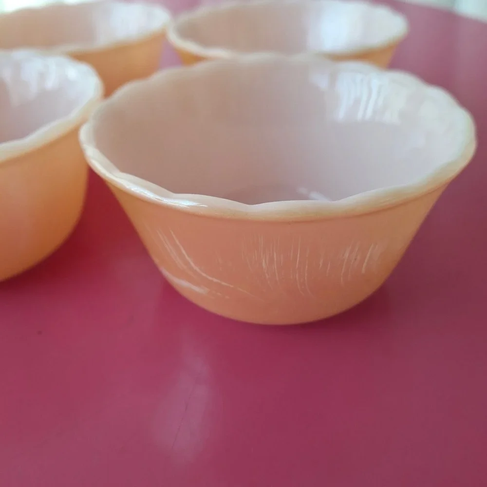 Fire-King Peach Lustre Scalloped Milk Glass Custard Cups Ramekins Set of 6